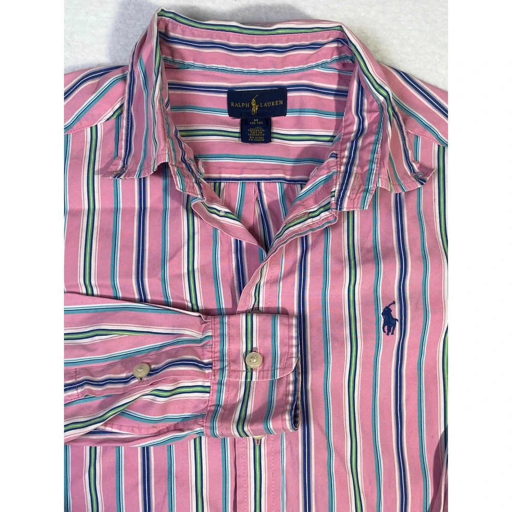 Ralph Lauren Kids Pink Multi Stripe Button Down Shirt Boys Size M 10-12 Cotton